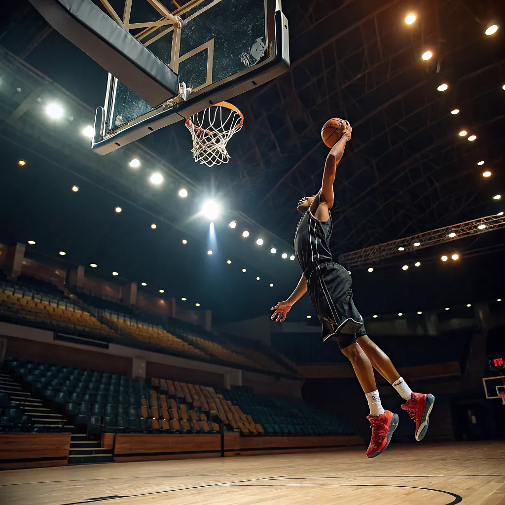A basketball player making a slam dunk on an indoor court